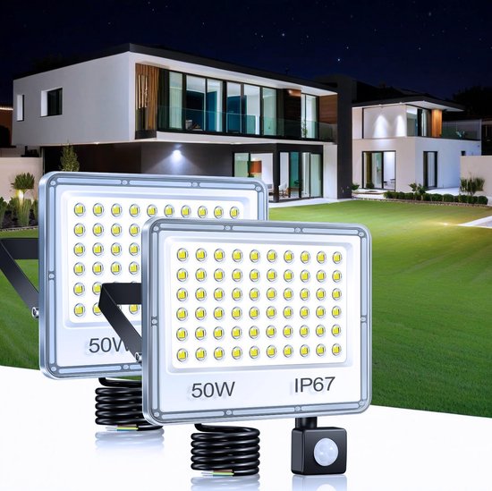 Willpower Led-buitenspot met stopcontact, led-spot, 50 W, 5000 lm, 3500 K, warmwit, IP66, waterdicht, veiligheidsverlichting voor tuin, terras, garage, terras, huis