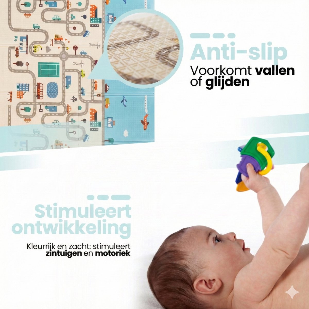 Laavir® Opvouwbare Baby Speelmat – 200x150 cm – Dubbelzijdig Auto- en Stadsontwerp – Foam Speelkleed met Opbergtas – Waterafstotend & Antislip – Blauw — afbeelding 2