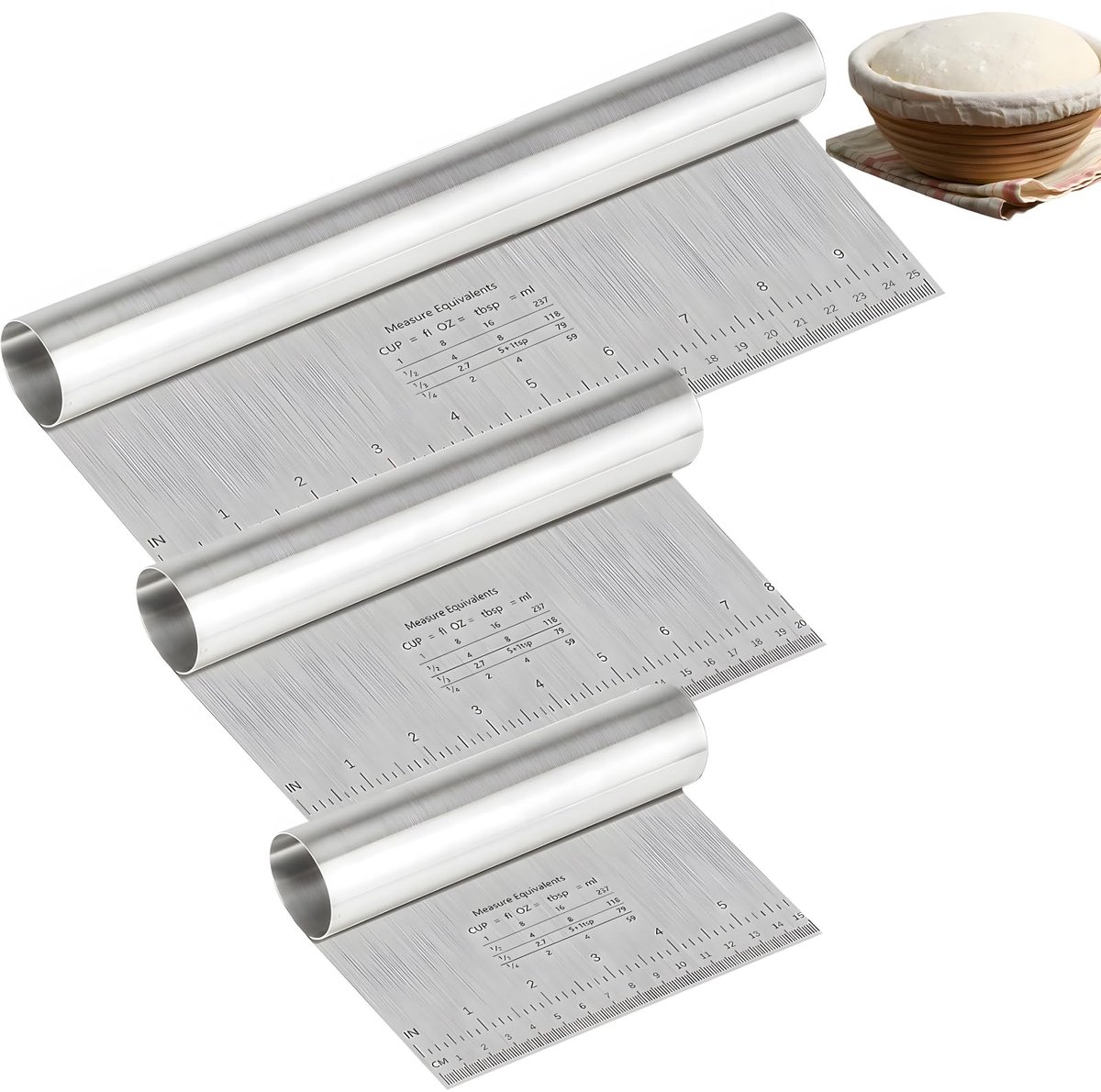 Unyqoos® Set van drie multifunctionele roestvrijstalen deegschrapers met meetschaal