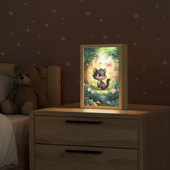 Nachtlampje 20x30 cm - Kinder lamp - Kat - Zwart - Bos - Vlinders - Tafellamp kinderkamer - Slaapkamer lamp - Bedlamp kinderen - Kinderlampje stopcontact - Wandlamp babykamer - Nachtlampjes van Dancer's World — afbeelding 2