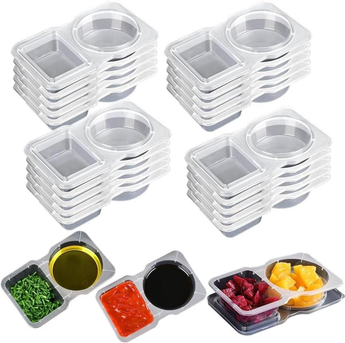 Herbruikbare snackdozen met 2 vakken, 20 stuks, transparant, vaatwasmachinebestendig
