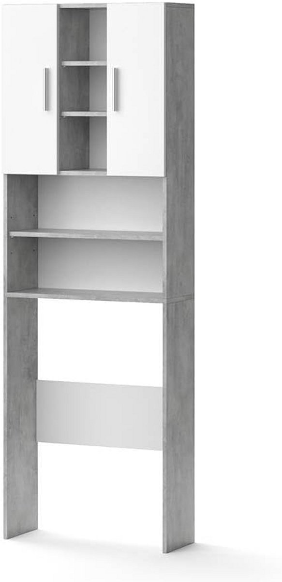 Wasmachinekast Betonlook Wit met Opbergruimte - Badmeubel voor Boven Wasmachine 190x64cm