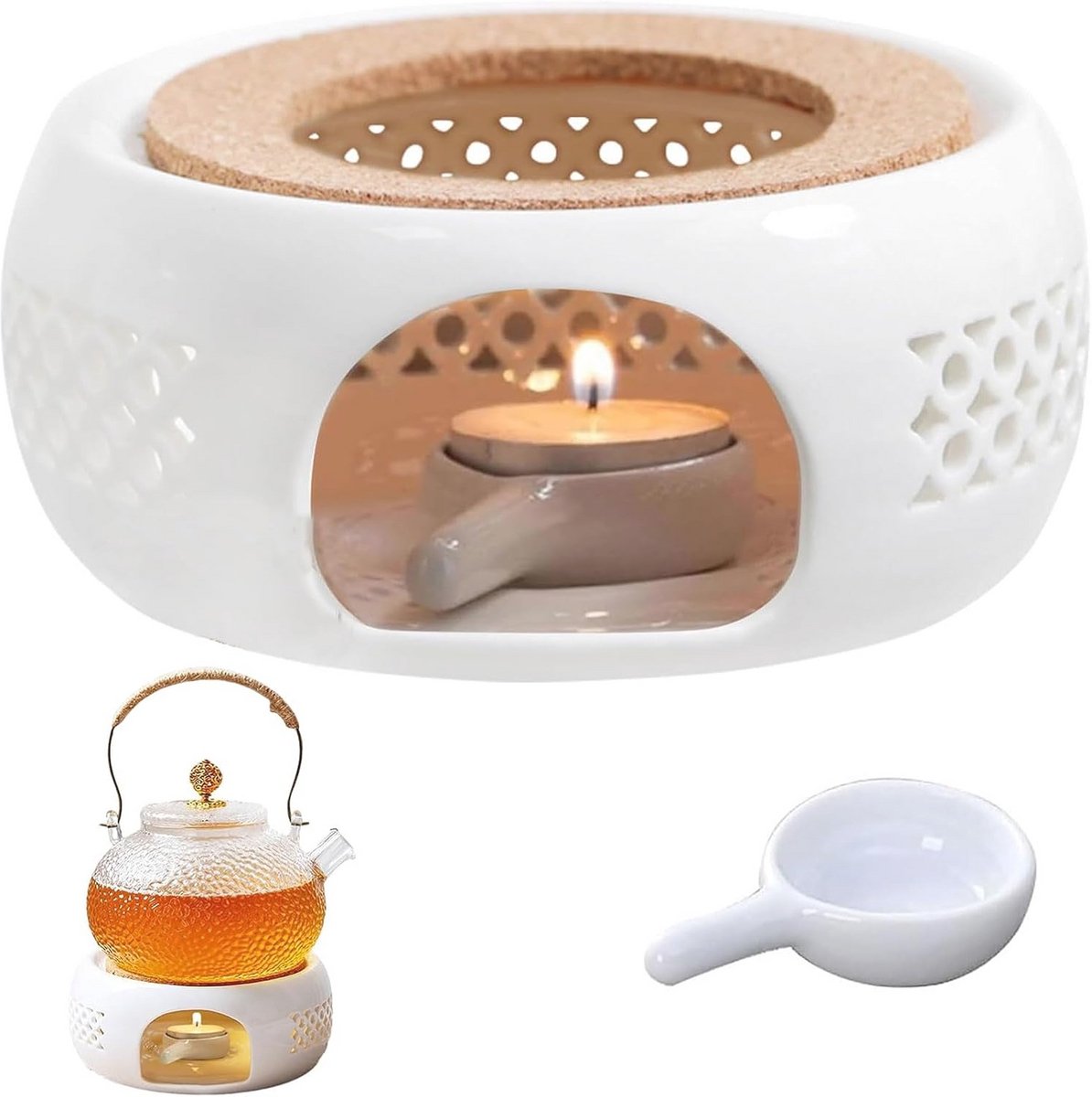Porseleinen Theepot Warmer met Lepel en Theelicht Houder - Elegante Design