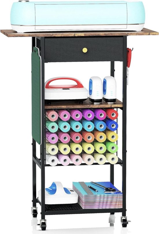 Yitexin Rolling Craft Tafel met Opslag voor 30 Vinyl Rollen Houder en Lade, compatibel met Cricut Machines, Craft Opbergkast Werkstation