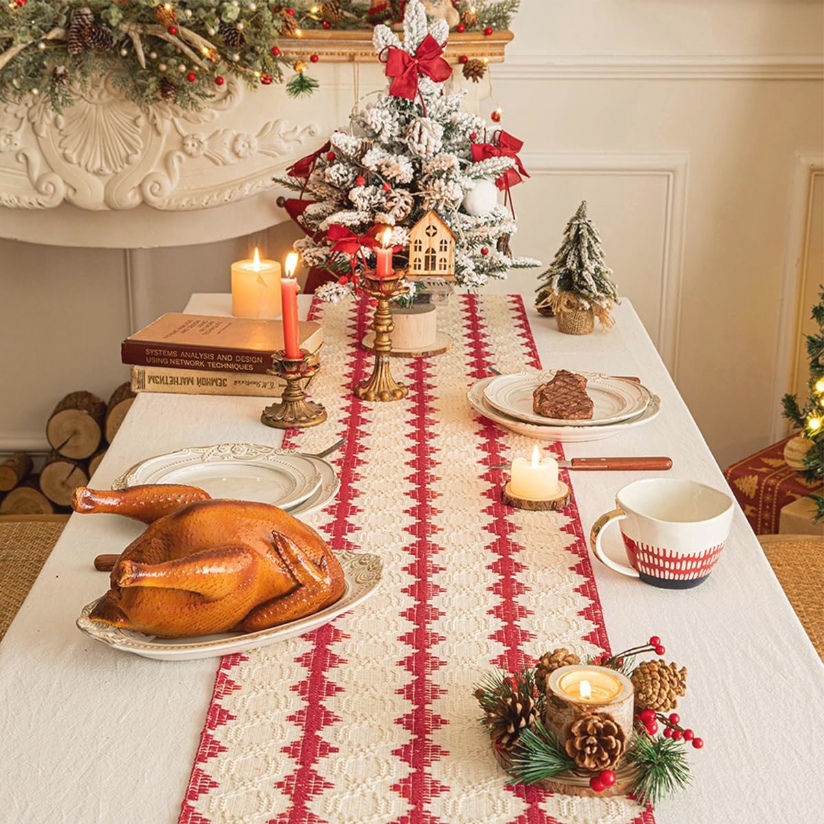 Rood Kerst Tafelloper 35x220cm - Bohemian Tafeldecoratie voor Feestdagen