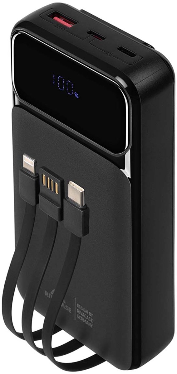 RivaCase VA2221 - Powerbank 20.000 mAh - Snellader - Display - 3 Kabels: USB-C/USB-A/Lightning