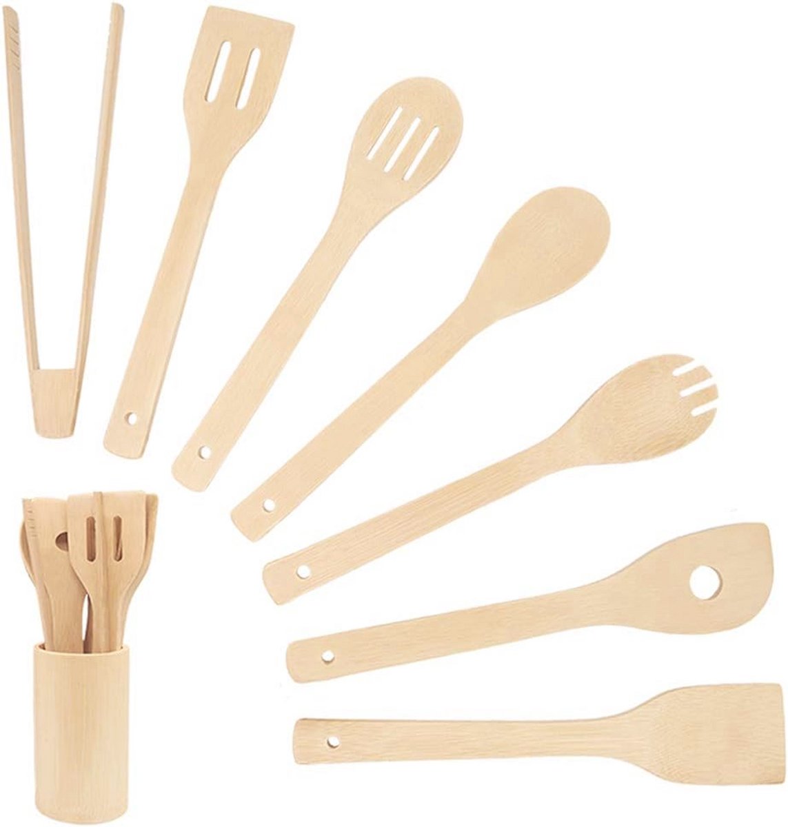 Bamboe Keuken Kookgerei Set van 8 Stuks - Anti-Stick Kookgerei met Houder
