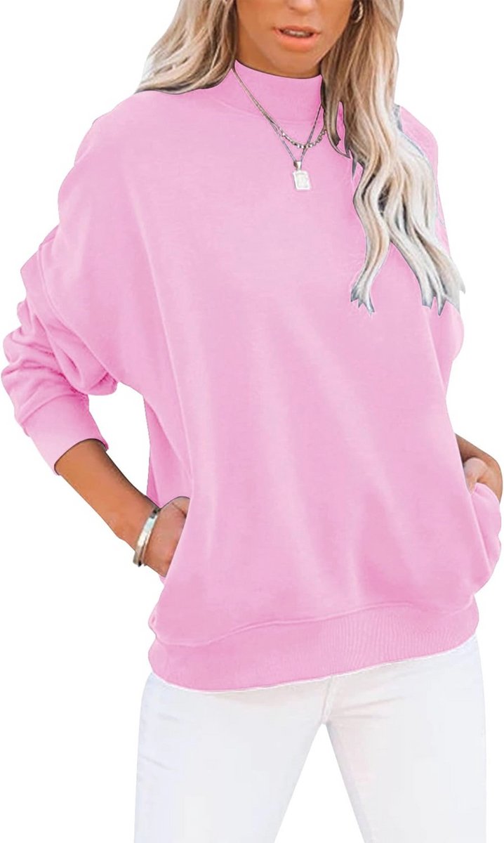 Dames Mock Coltrui Lange Mouwen Sweatshirts Casual Basic Lichtgewicht Top Loose Fit Rib Pocket Pullover