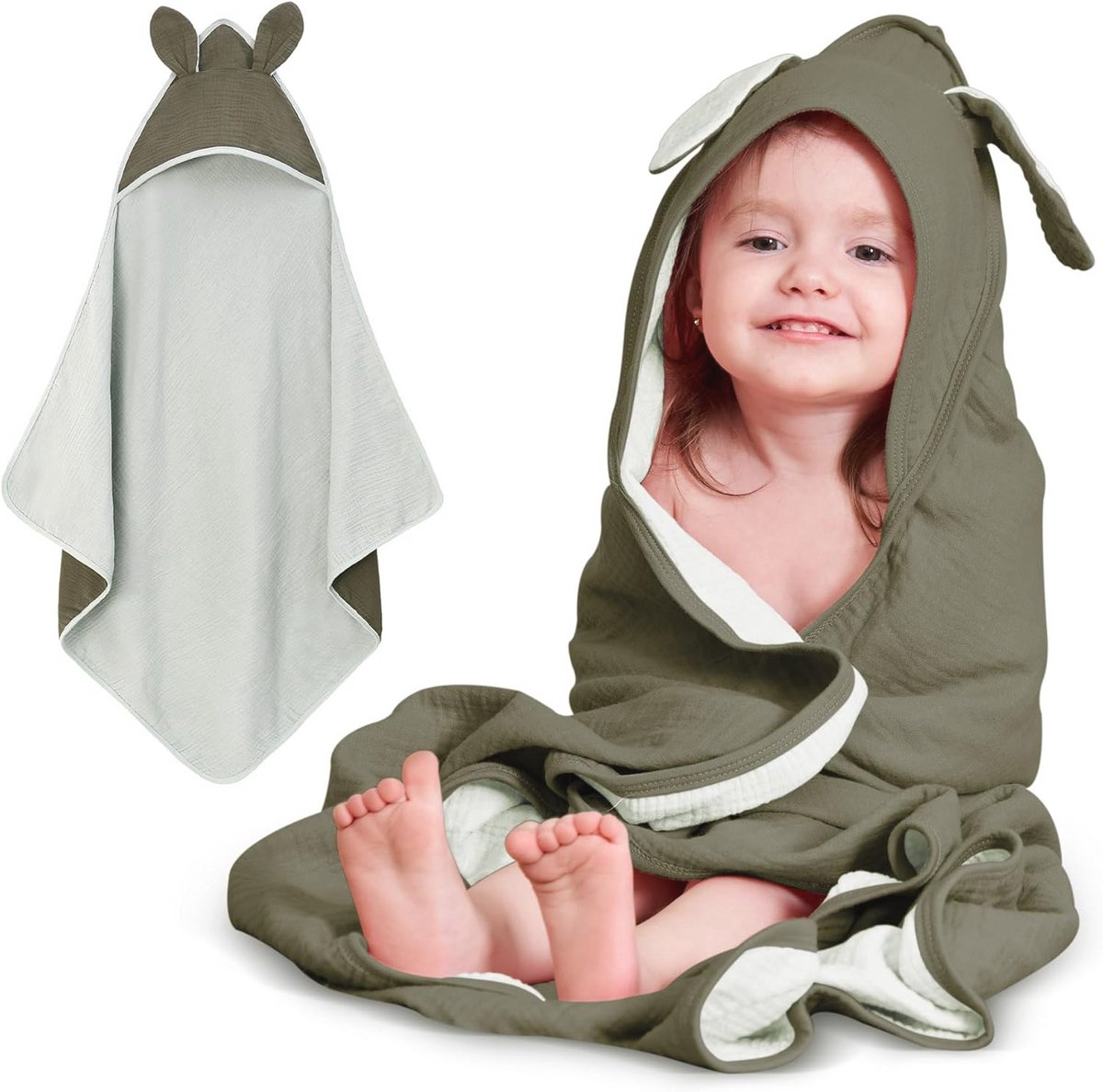 Zachte babyhanddoek met capuchon van 100% katoen - Absorberende badhanddoek voor jongens en meisjes (groen, 85 x 85 cm)
