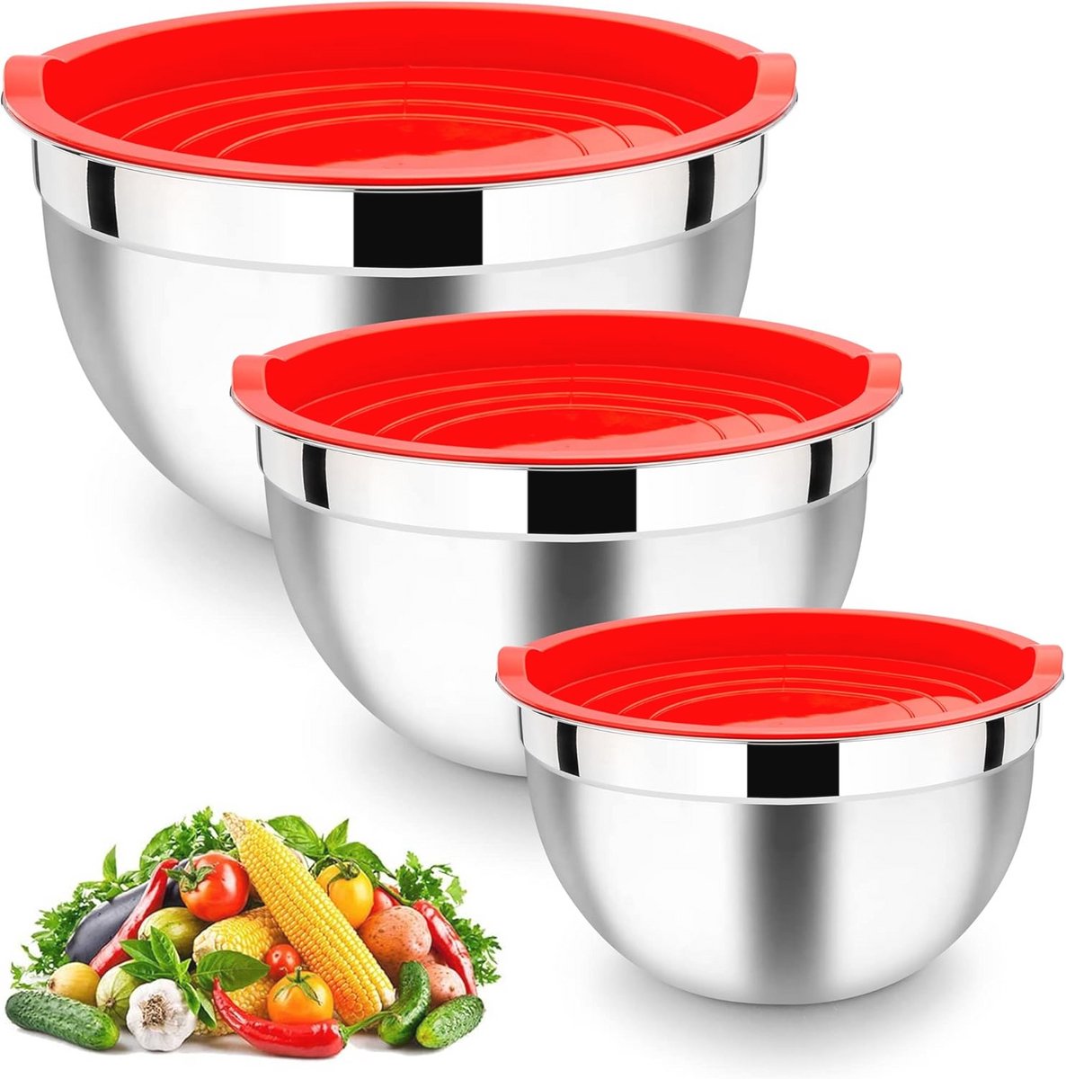 Mixkommen Set van 3 Stuks - Rood, RVS