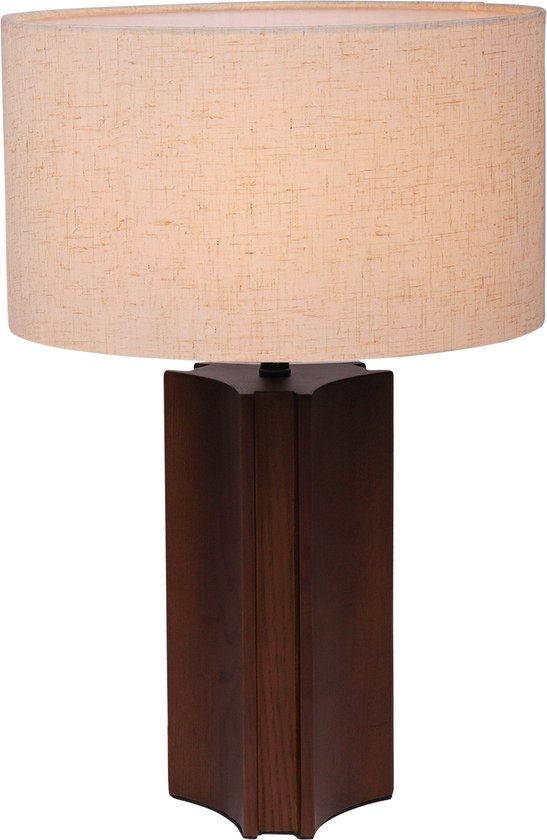 Atmooz Calgary Tafellamp – H45 cm Ø30 cm – Japandi tafel lamp binnen – decoratieve tafellamp woonkamer – lamp E27 met eikenfineer voet en beige kap – moderne sfeerlamp met warm natuurlijke uitstraling – bruin en beige