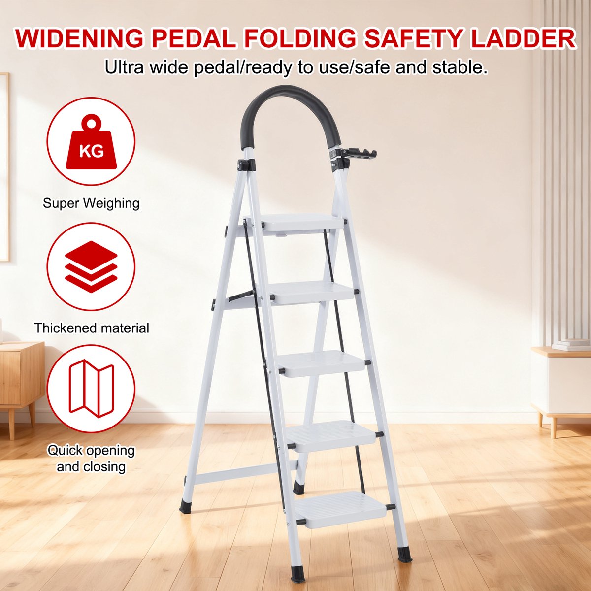 Seven Comfort Huishoudtrap 5 treden - Keukentrap - Opvouwbaar - Trap ladder - Stalen materiaal - 74×47×139cm - Lichtgewicht - Draagvermogen150KG - Wit – foto 4