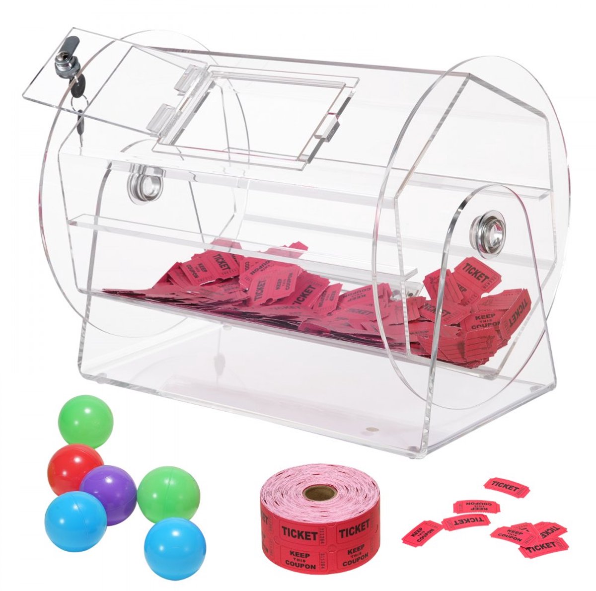 Loterijtrommel - Tombola Draaikooi - Capaciteit 5000 tickets/200 loterijballen - Transparant - Met slot en 2 sleutels - Professioneel