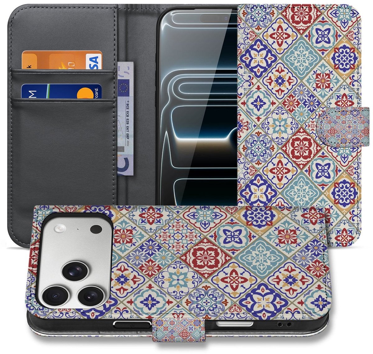 Book Case iPhone 17 Pro Max Tegelpatroon Rood Blauw Beige Pasteltonen Met Pasjes