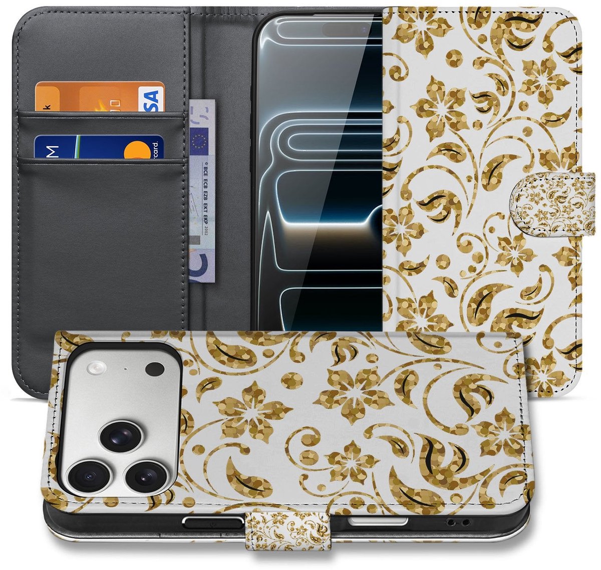 Book Case voor Apple iPhone 17 Pro Max Boekhoes Gouden Bloemen Met Pasjesvak