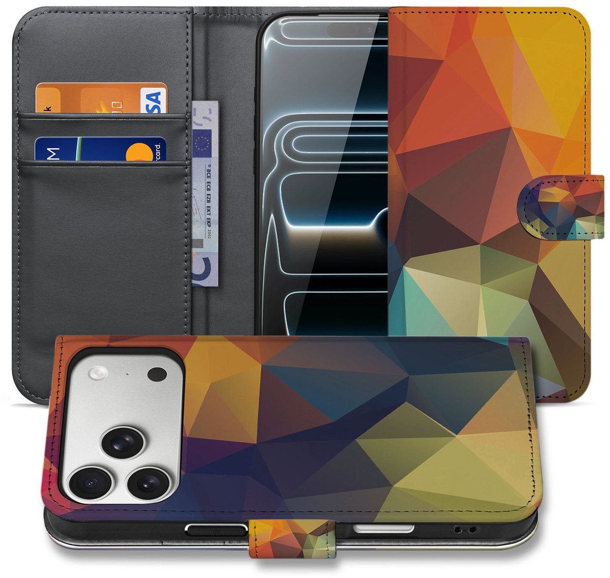 Book Case voor Bookcase iPhone 17 Pro Max Polygon Kleur Met 3 Pasjes