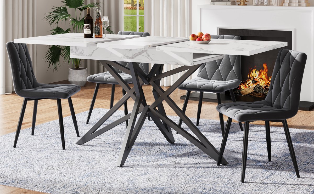 Wishdor Eettafel uitschuifbaar 120/160x80x66.1 cm, MDF en metaal, marmerlook tafelblad, stervormige metalen poten, modern Wit