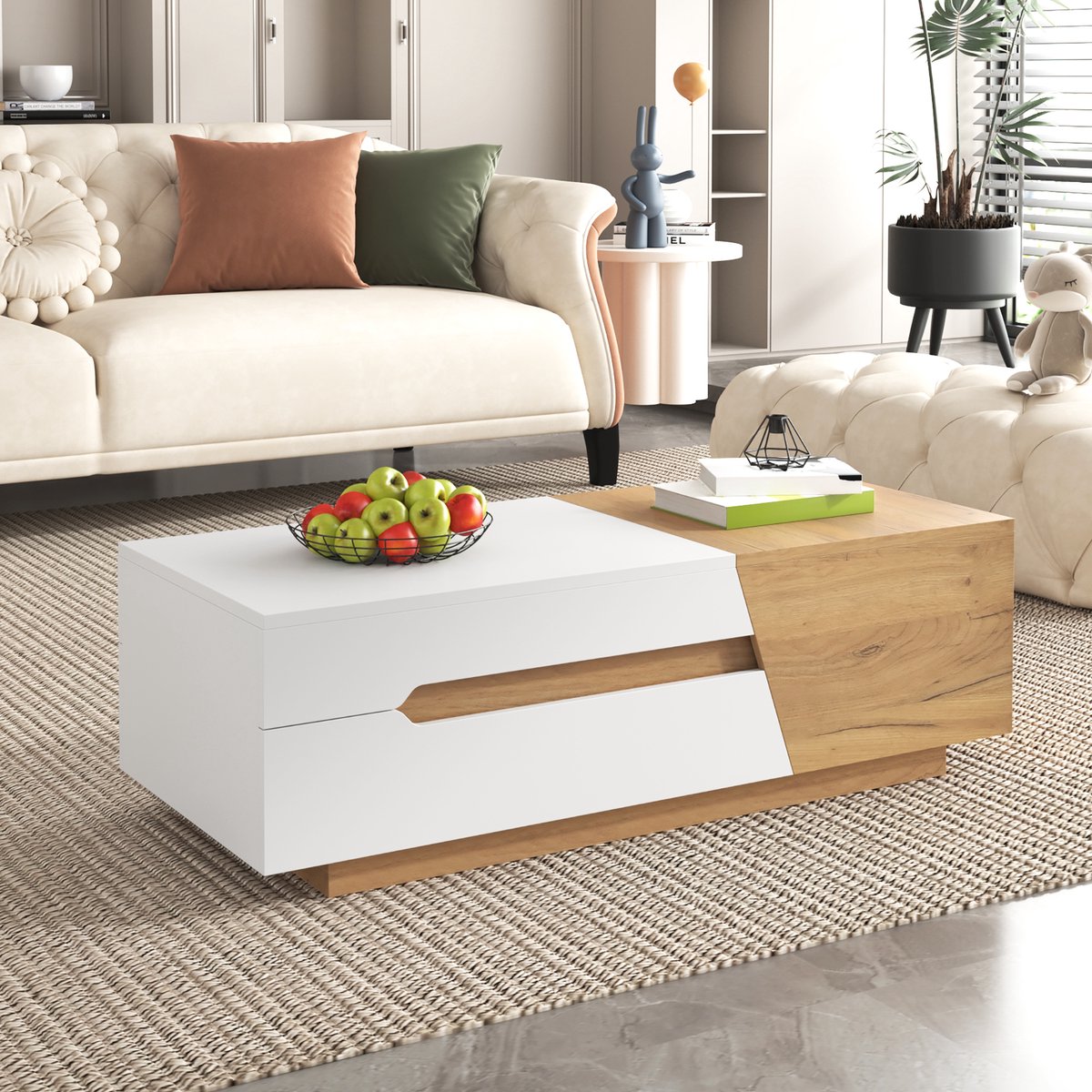 Wishdor Uittrekbare salontafel met innovatief schuifmechanisme, royale opbergruimte, MDF, wit/naturel, 120×50×37,5 cm Natuurlijk+Wit