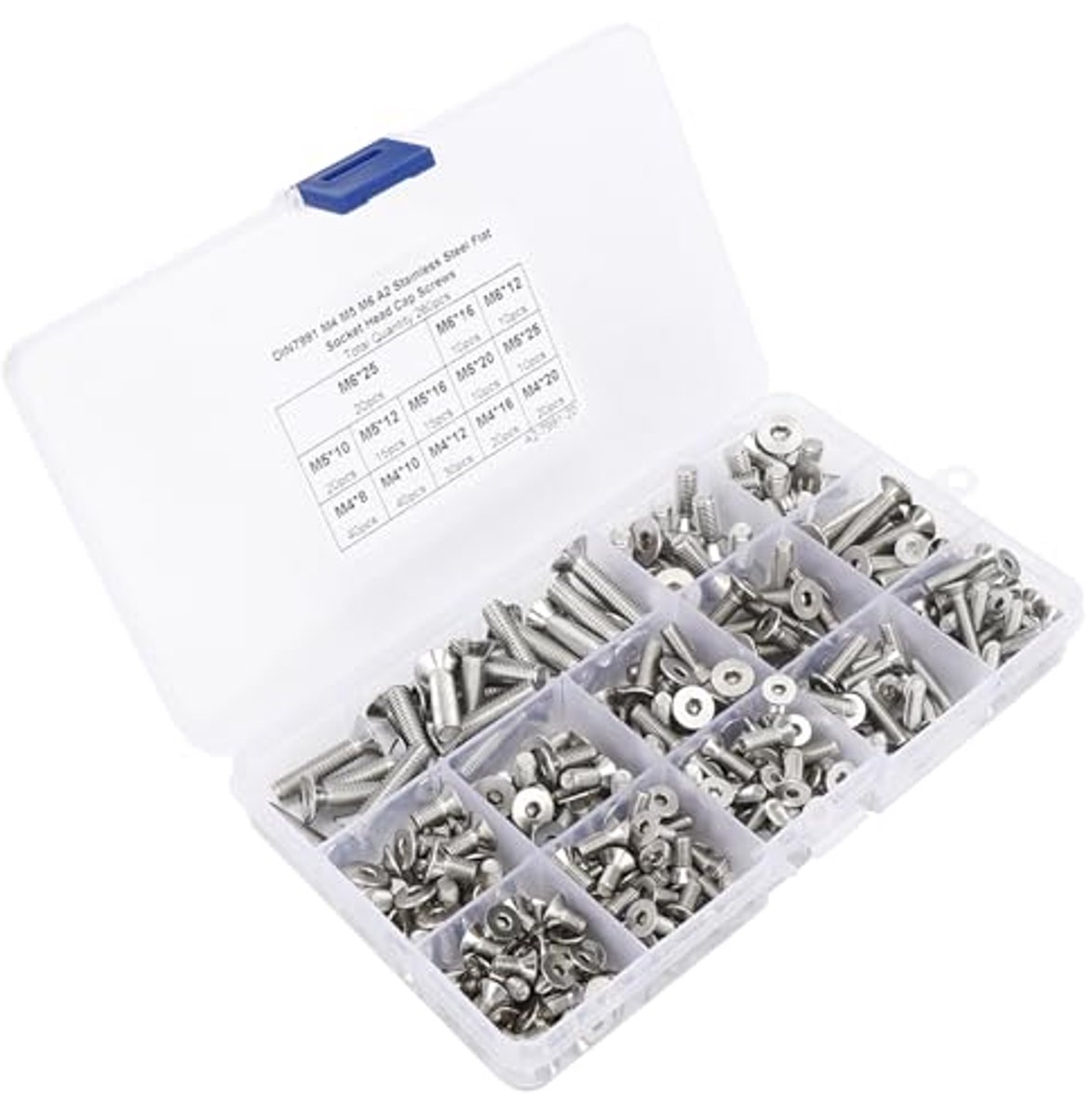 Set van 260 platte schroeven van roestvrij staal M4/M5/M6 met zeskantdop en transparante doos, bevestigingsmiddelen voor de elektronica-industrie
