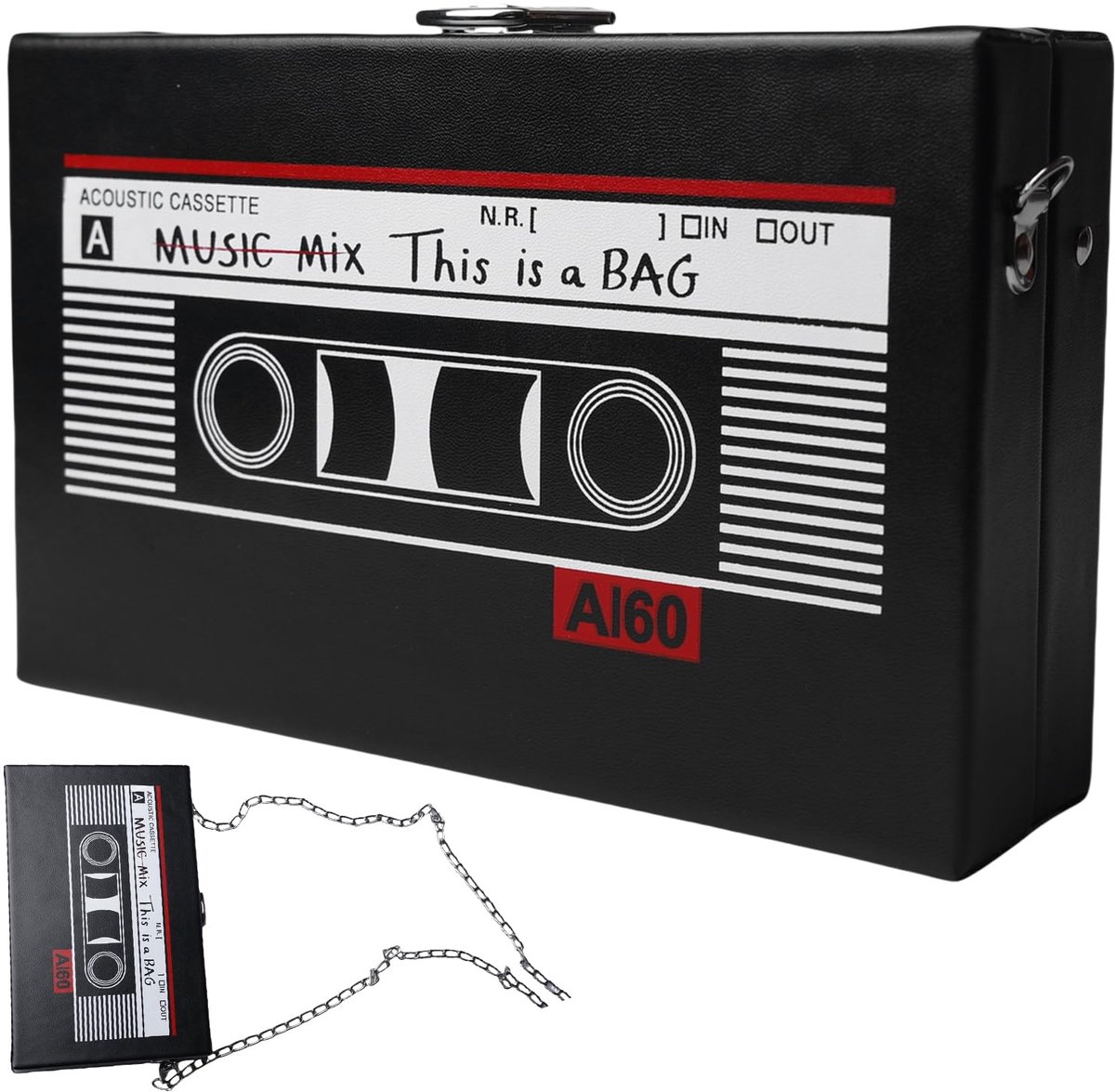 Retro schoudertas cassette handtas dames: 19 x 12 x 5 cm schuine schoudertas radio handtas tas cassettes schoudertas voor jaren 80 90 disco feestdecoratie - zwart