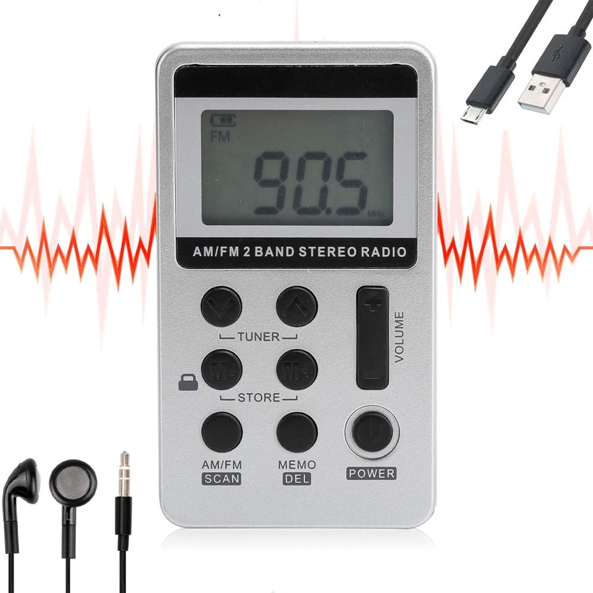 Oplaadbare Noodradio Met Hoofdtelefoon - AM / FM Radio - Radio - Draagbare radio - Mini-radio - Kleine Draagbare Radio - Noodradio - Zakradio - Met Koptelefoonaansluiting - met 500 mAh 3,7 V oplaadbare batterij - 84×48×12mm