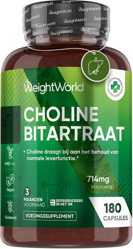 Fles WeightWorld Choline Bitartraat, 714 mg per portie, 180 capsules, 3 maanden voorraad, geproduceerd in het VK.