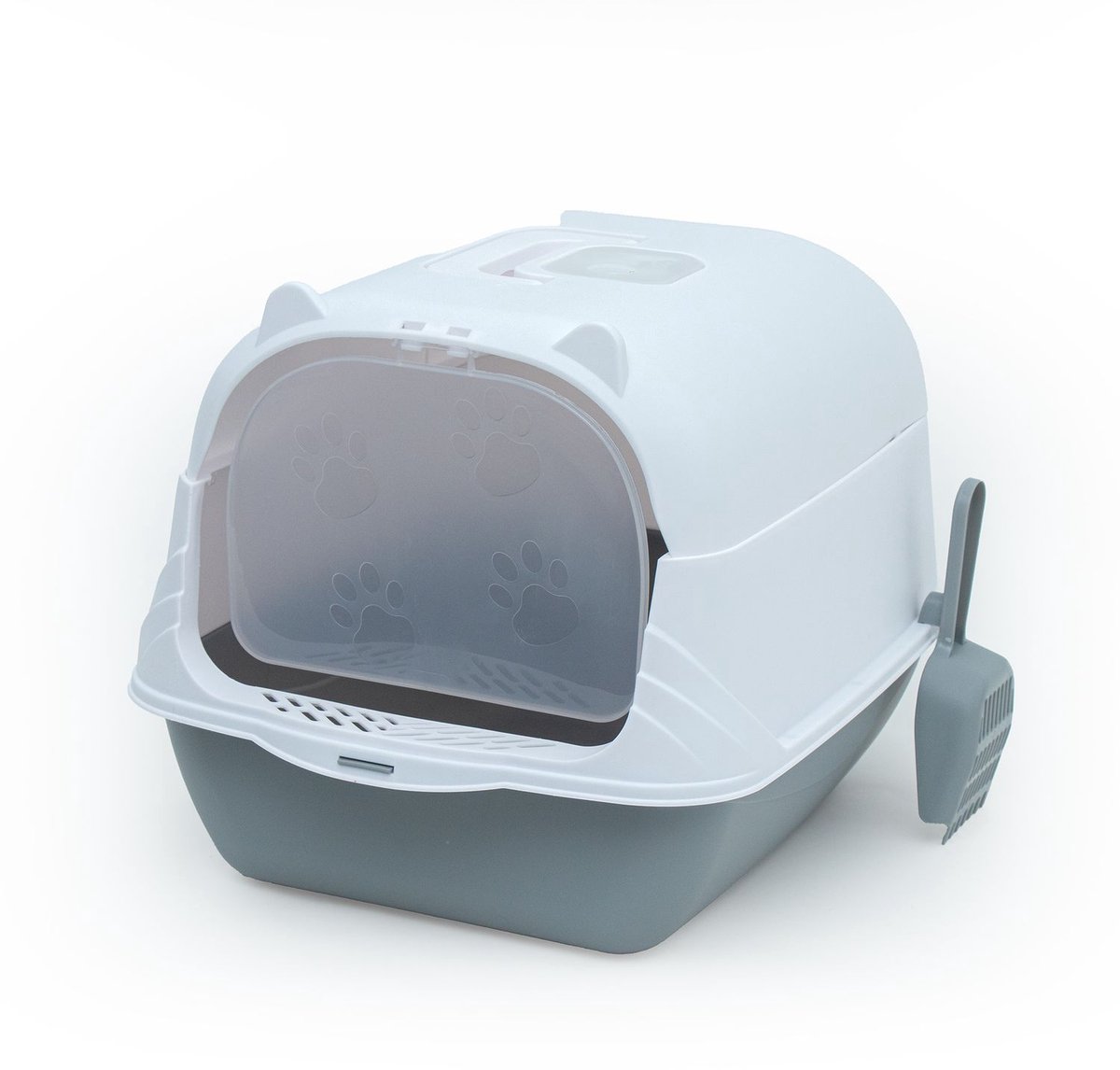 Intirilife Kattenbak met deksel inclusief schepje in grijs-wit - 51 x 37,5 x 34,5 cm - Kattenbak met deksel, moderne, gesloten toilet voor katten - WC-kapjes - minder geurvorming