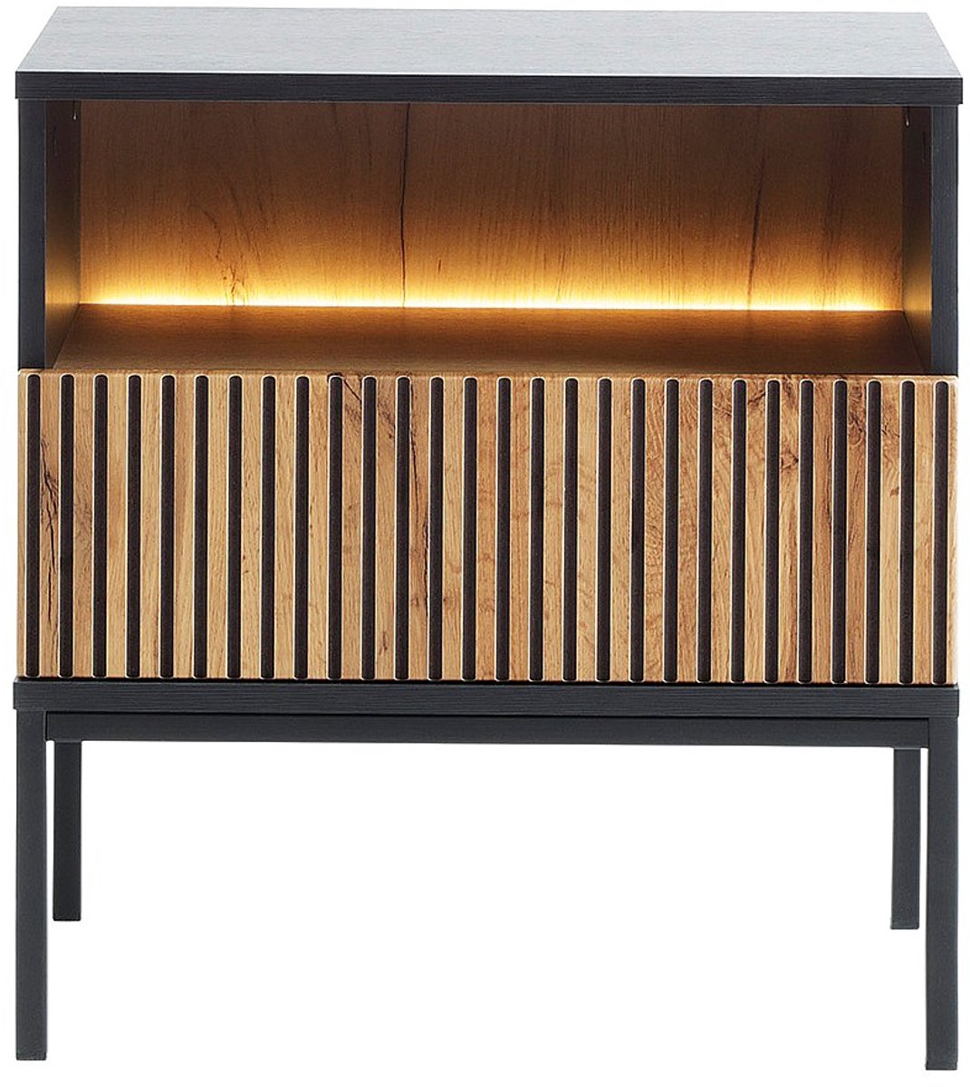 Vente-unique Nachtkastje 1 lade en 1 nis - Met ledverlichting - Zwart en naturel - OVILA Zwart, Natuurlijk licht