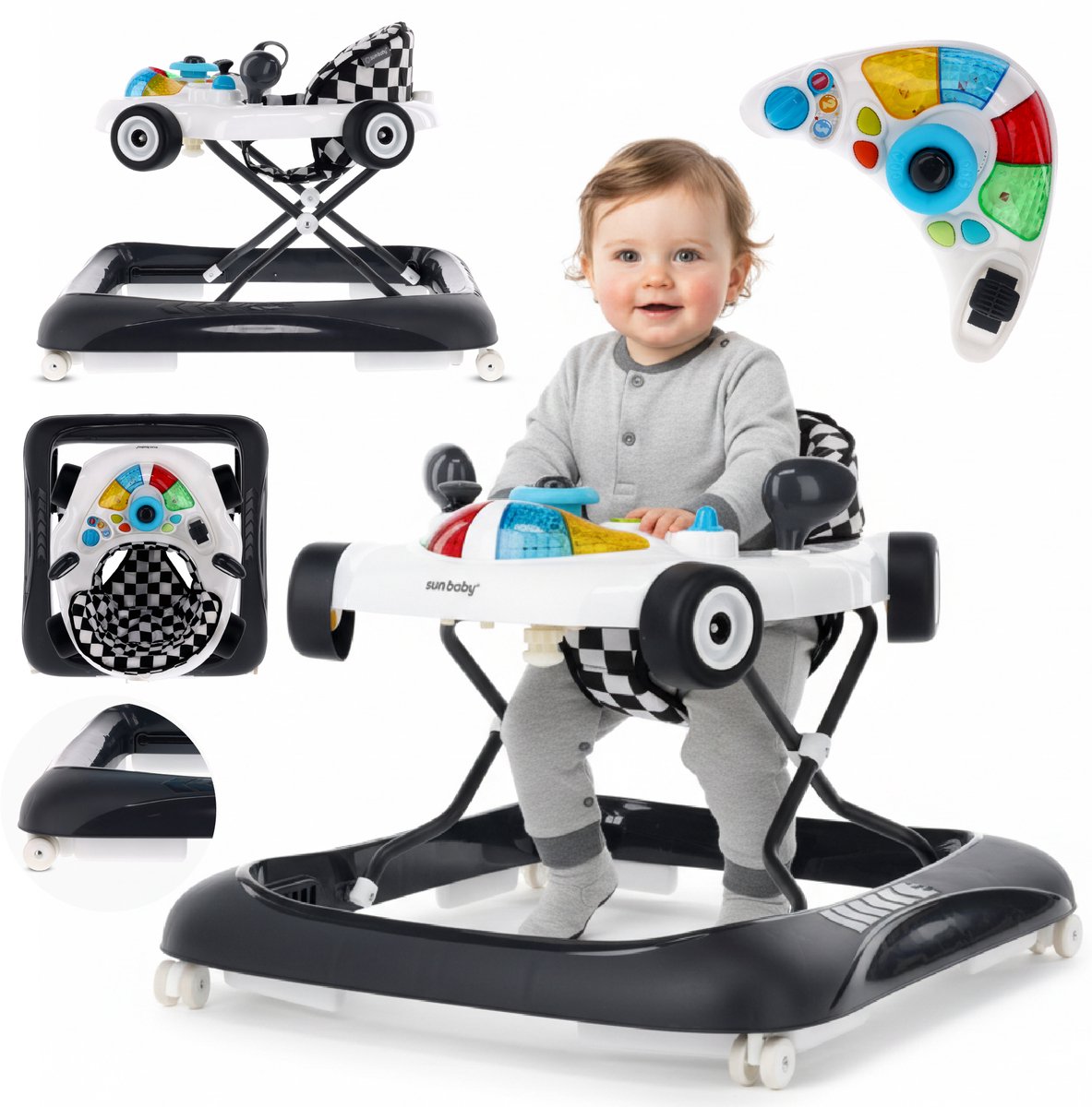 sun baby Loopstoel, baby walker vanaf 6 maanden, verstelbare hoogte, rubberen wielen - Wit-Zwart