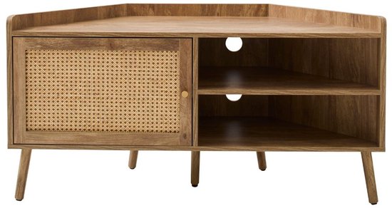 CALICOSY - Meuble TV d'angle avec 1 porte, façade en rotin et 2 niches ouvertes L120 cm - PALMO
