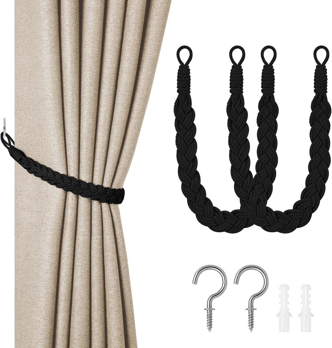 Stunq® Handgemaakte Zwarte Gordijnbinders Set van 2 - Premium Leer voor Interieur Styling