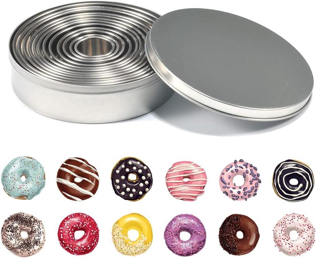 Cosensi - Ronde Cookie Cutter Donut Scone Set RVS Bakken Metalen Ring Mallen - Deeg Fondant - 12 Stuks