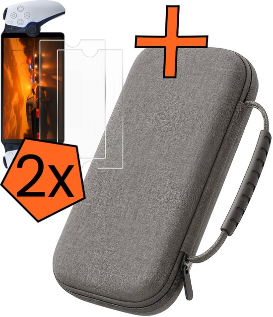 Étui gris avec le PlayStation Portal et 2 protecteurs d'écran, avec une icône orange '2x'