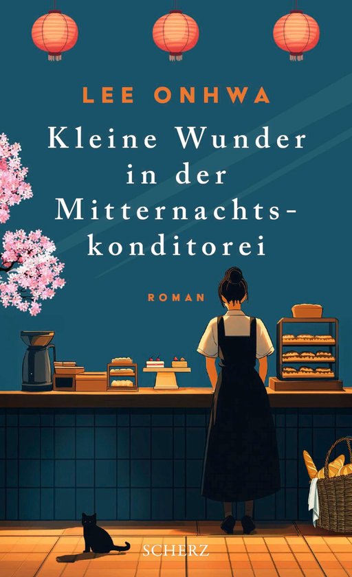 Boekomslag met een vrouw bij een toonbank in een patisserie, met Japanse lantaarns en kersenbloesems.