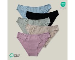 5-Pack Dames Mini Heup Slips Organisch Katoen - Elegante mesh bij de heup - Superzacht - Knelt niet - 9101 Maat M