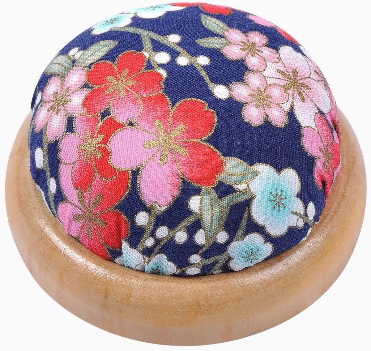Blauw bloemenprint naald speldenkussen - Houten basis rond kussen voor quilten en ambachten