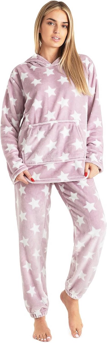 Fleece Pyjama met Capuchon voor Dames en Tieners - Cozy Loungewear Set in Roze Star, Maat L