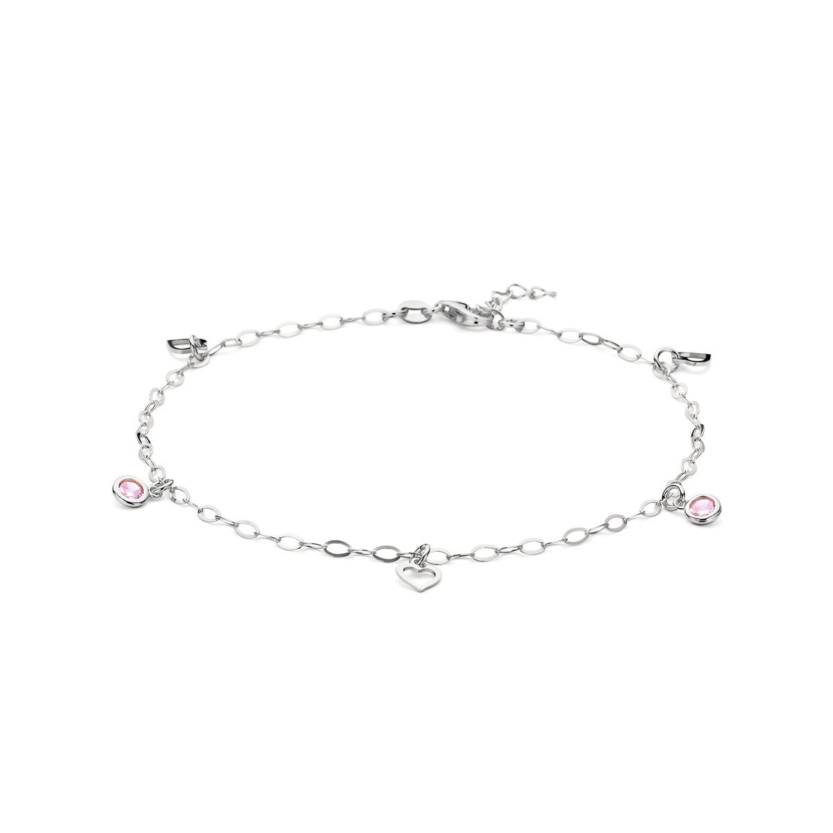 Enkelbandje Hart En Roze Zirkonia 24 + 2 Cm Zilver Gerhodineerd