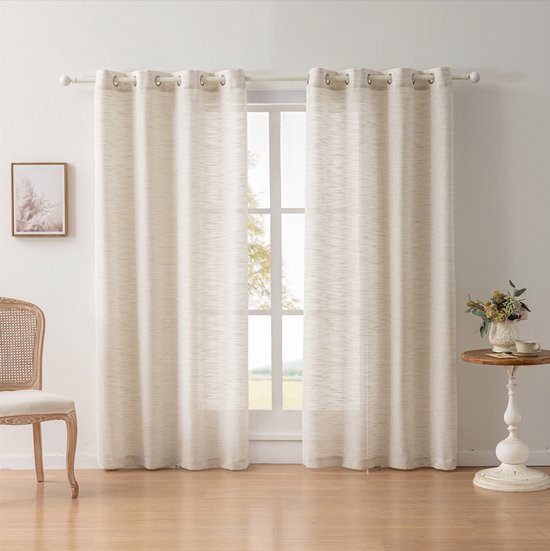 Floraweg Rideaux semi-transparents en poly-lin avec texture, long slub, rideaux unis avec anneaux à voile pour portes-fenêtres, beige, 140x160 cm