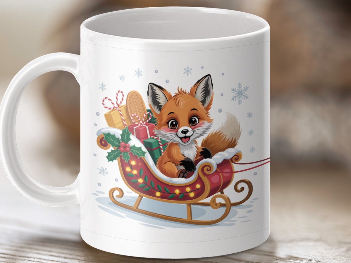 Mok Merry Christmas, Schattige Vos op Slee, Kerstmok, Cadeau Idee, Feestelijke Beker, Unieke Mok