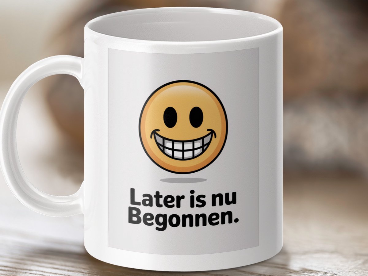 Mok Later is nu Begonnen, Grappige Emoji Mok, Motiverende Spreuk, Koffie, Thee, Cadeau Idee