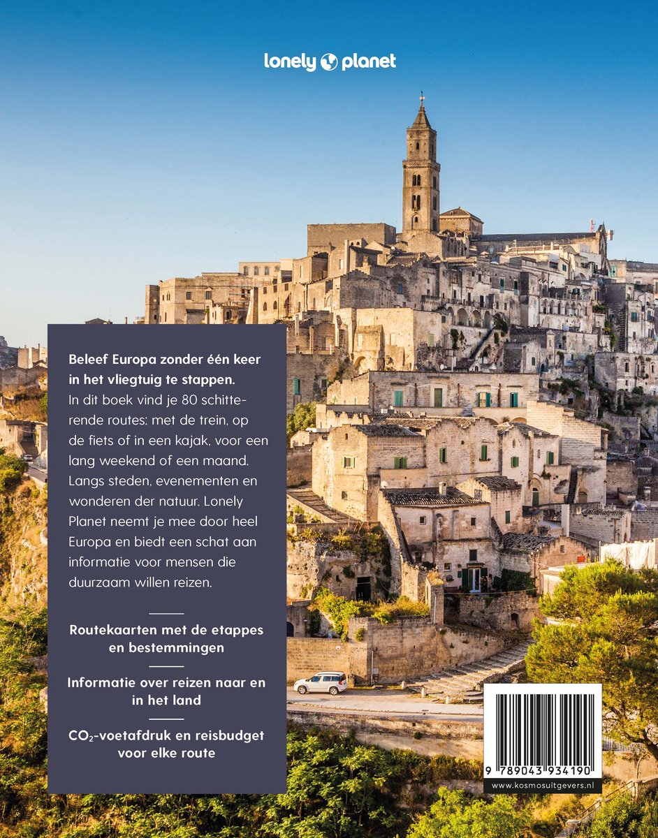 Stenen stad op een heuvel met een kerktoren. Tekst: Beleef Europa zonder een vlieg. Lonely Planet.