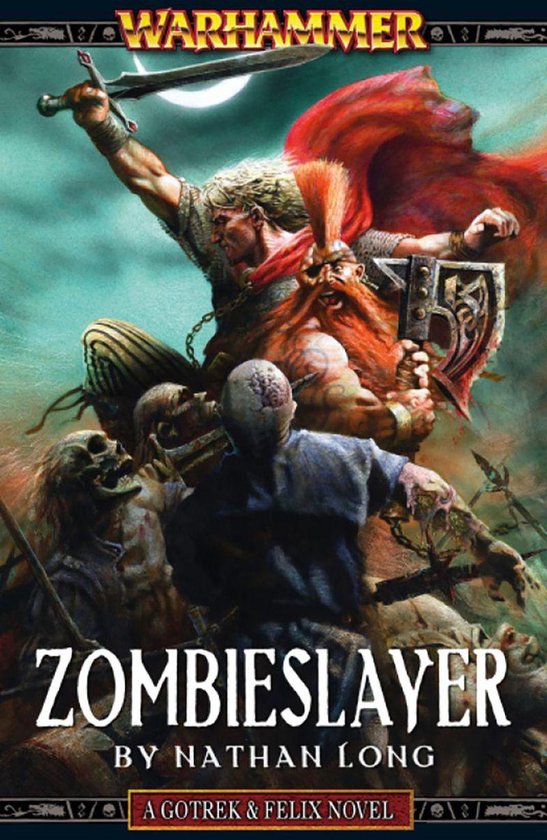 Boekomslag van 'Zombieslayer' met een strijder met een rood cape, een dwerg met een rode kuif, en zombies.