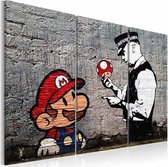 Schilderij - Super Mario Mushroom Cop - Banksy  , paddenstoel politie , 3 luik   , grijs rood