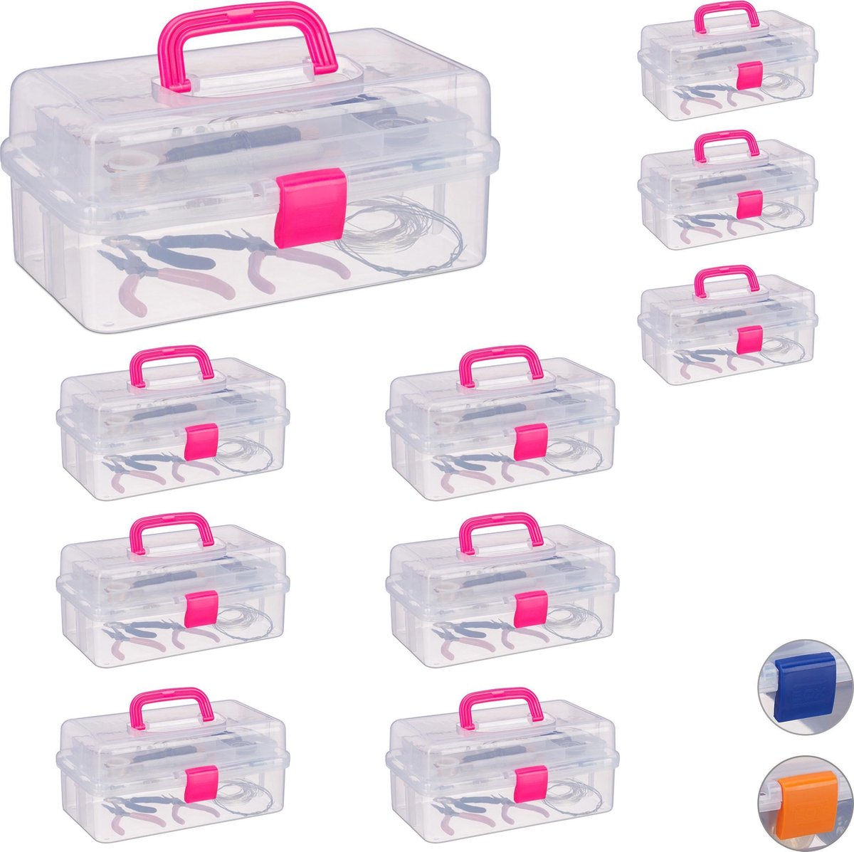 10x opbergbox met vakjes - transparante opbergdoos - 9 vakken assortimentsdoos