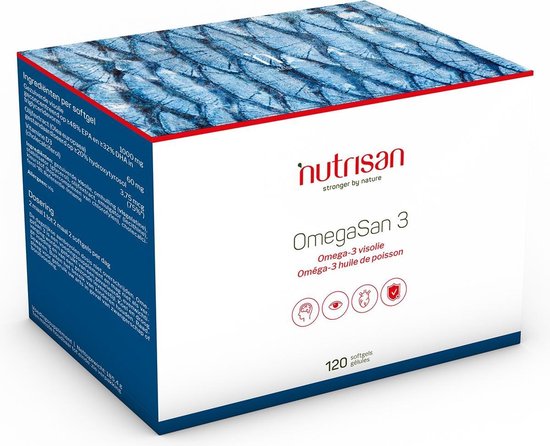 Nutrisan Omegasan 3 visolie supplement doos met een illustratie van een school vissen, 120 softgels.