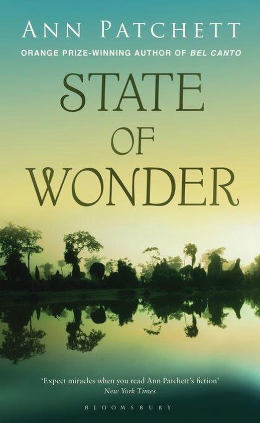 Boek 'State of Wonder' van Ann Patchett. Groene en gele achtergrond met silhouetten van bomen en water.