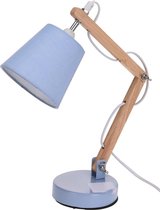 Lichtblauwe tafellamp/bureaulamp hout/metaal 26 cm - Woondecoratie lamp op metalen voet lichtblauw
