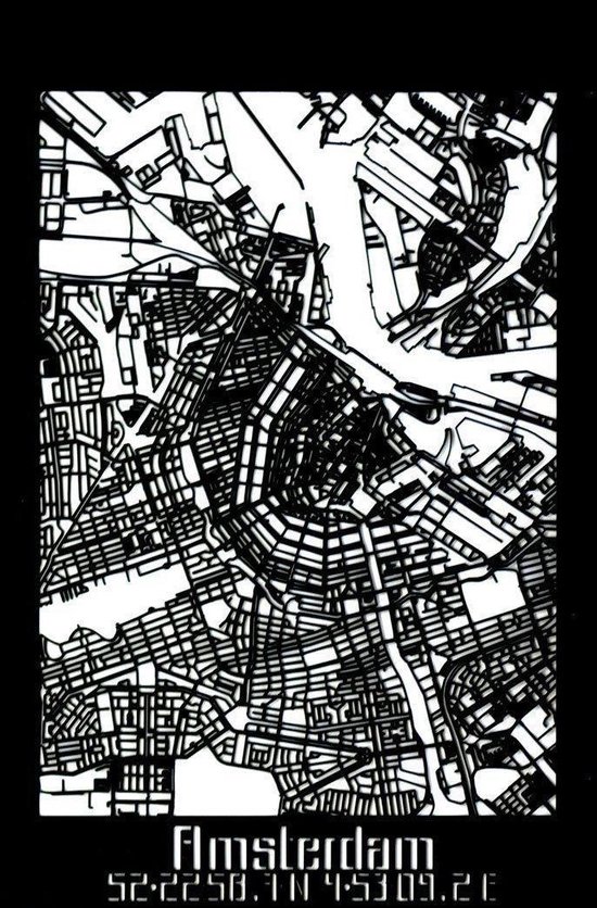 Plan de la ville d' Amsterdam Bois Zwart - 40x60 cm - Déco maison plan de la ville - Décoration murale