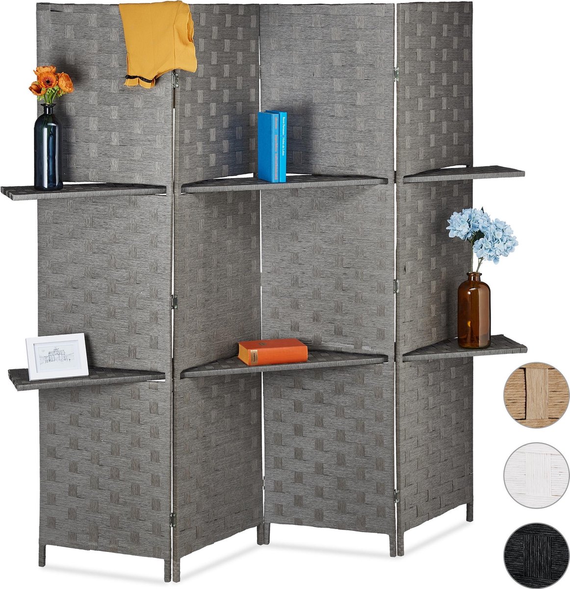 Relaxdays kamerscherm, 3-delige roomdivider, HxB 170x120 cm, voor binnen, scheidingswand, hout, papier, paravent, grijs